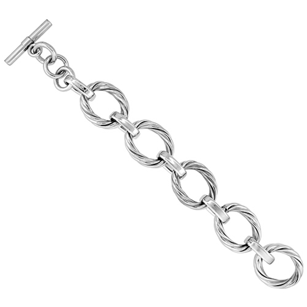 STERLING SILVER TWISTED ROPE OVAL LINKS HOLLOW TOGGLE BRACELET, 8 INCHES LONG