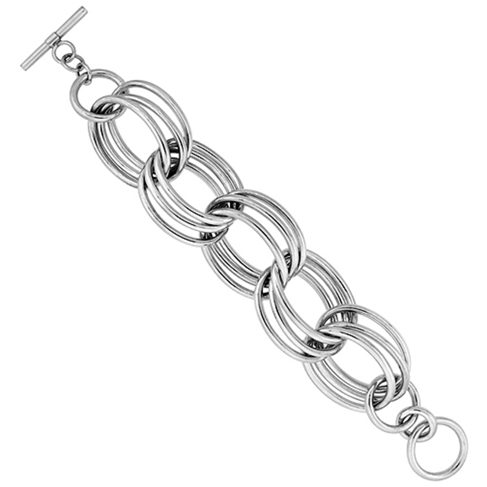 STERLING SILVER TRIPLE CIRCLE LINKS HOLLOW TOGGLE BRACELET, 8 INCHES LONG