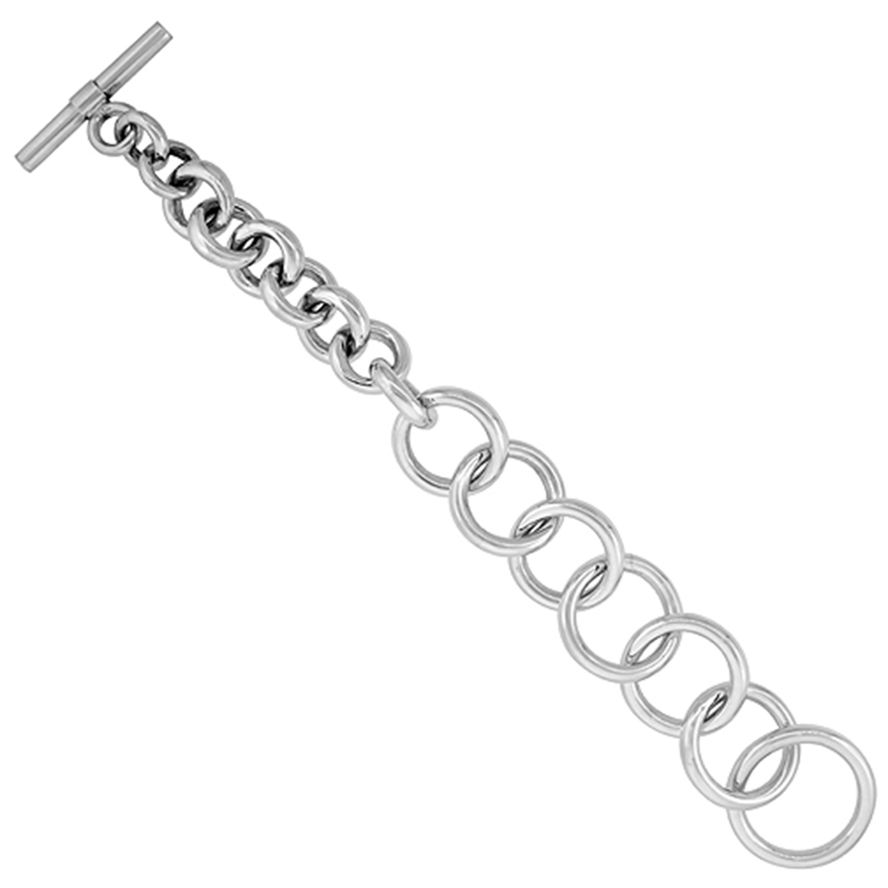 STERLING SILVER ROUND LINKS HOLLOW TOGGLE BRACELET, 8 INCHES LONG