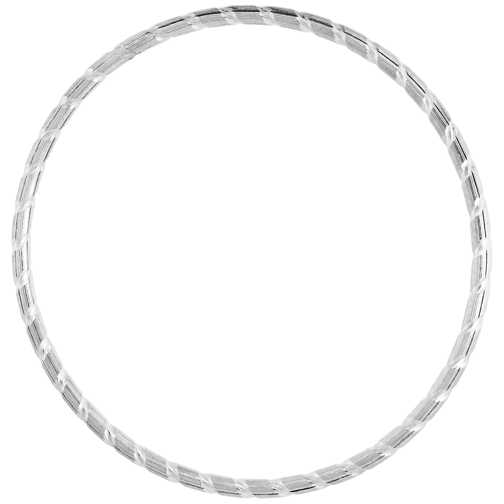 STERLING SILVER 3MM STACKING SLIP-ON BANGLE DIAMOND-CUT WIDE NOTCHED, FITS 7.75 INCH WRIST