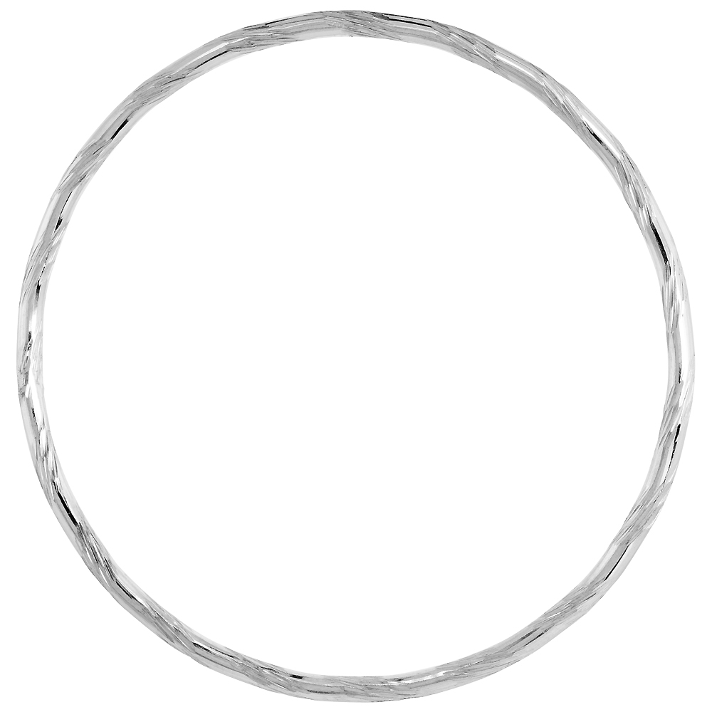 Sterling Silver 3mm Stacking Slip-on Bangle Diamond-cut Alternate 3 Stripe and Plain, fits 8 inch wrist