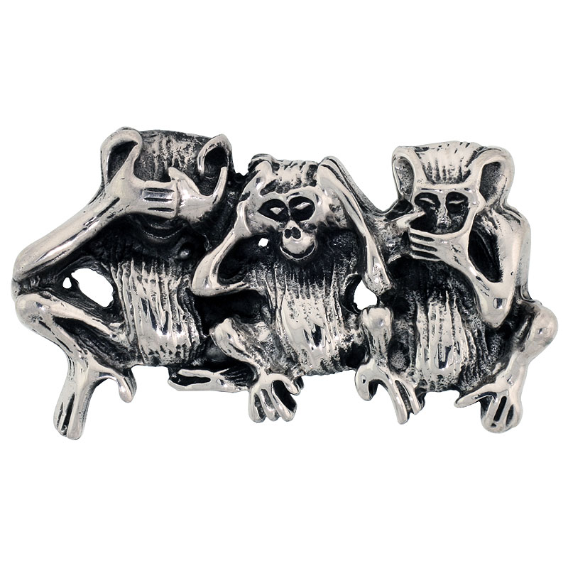 STERLING SILVER THREE WISE MONKEYS BROOCH PIN, 1 3/4 INCH (46 MM) WIDE