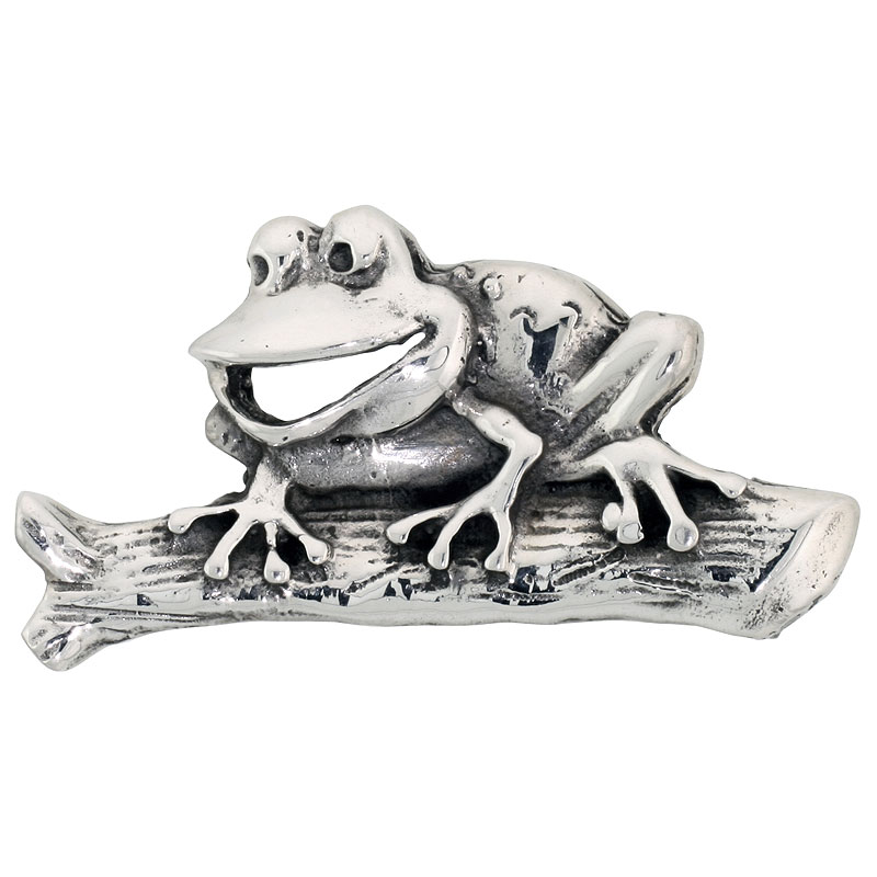 STERLING SILVER HAPPY FROG ON LOG BROOCH PIN, 1 1/2" (39 MM) WIDE