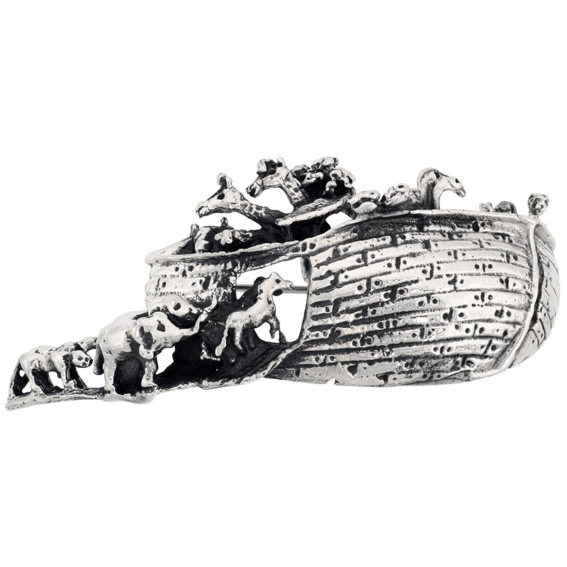 STERLING SILVER NOAH'S ARK BROOCH PIN, 2 5/8 INCH (67 MM) WIDE