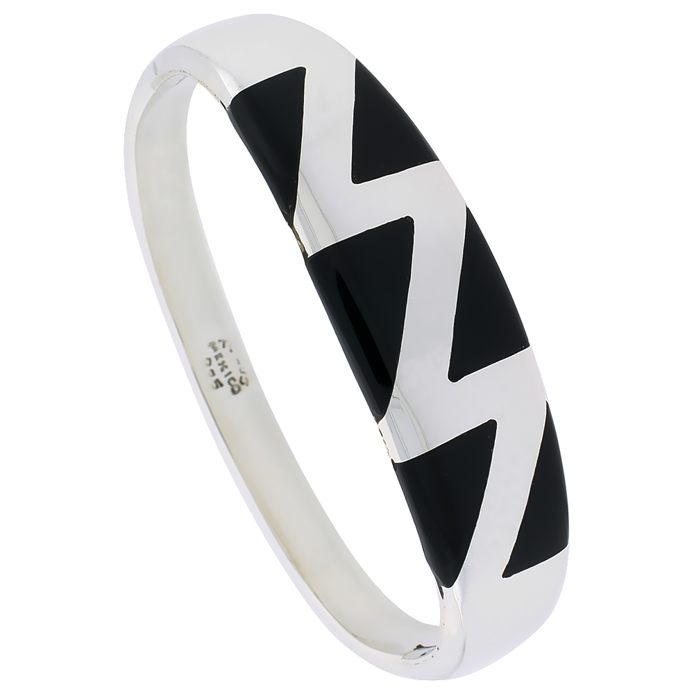 STERLING SILVER BLACK OBSIDIAN INLAY BANGLE BRACELET ZIGZAG PATTERN HANDMADE, 1/2 INCH WIDE,