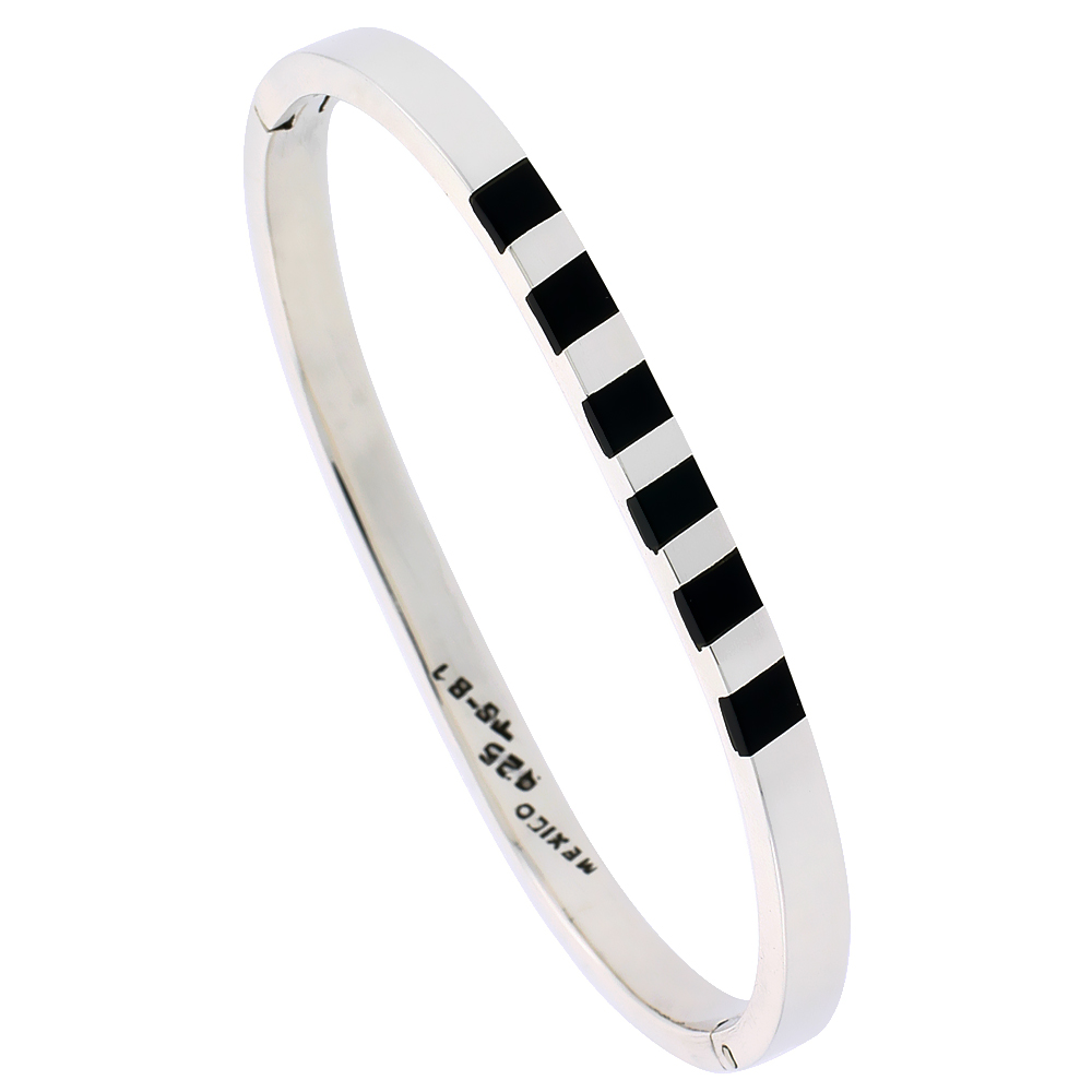 STERLING SILVER BLACK OBSIDIAN INLAY BANGLE BRACELET HANDMADE, 1/4 INCH WIDE,