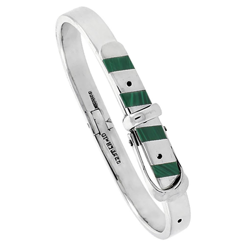 STERLING SILVER MALACHITE INLAY BELT BUCKLE BANGLE BRACELET HANDMADE, 1/4 INCH WIDE,
