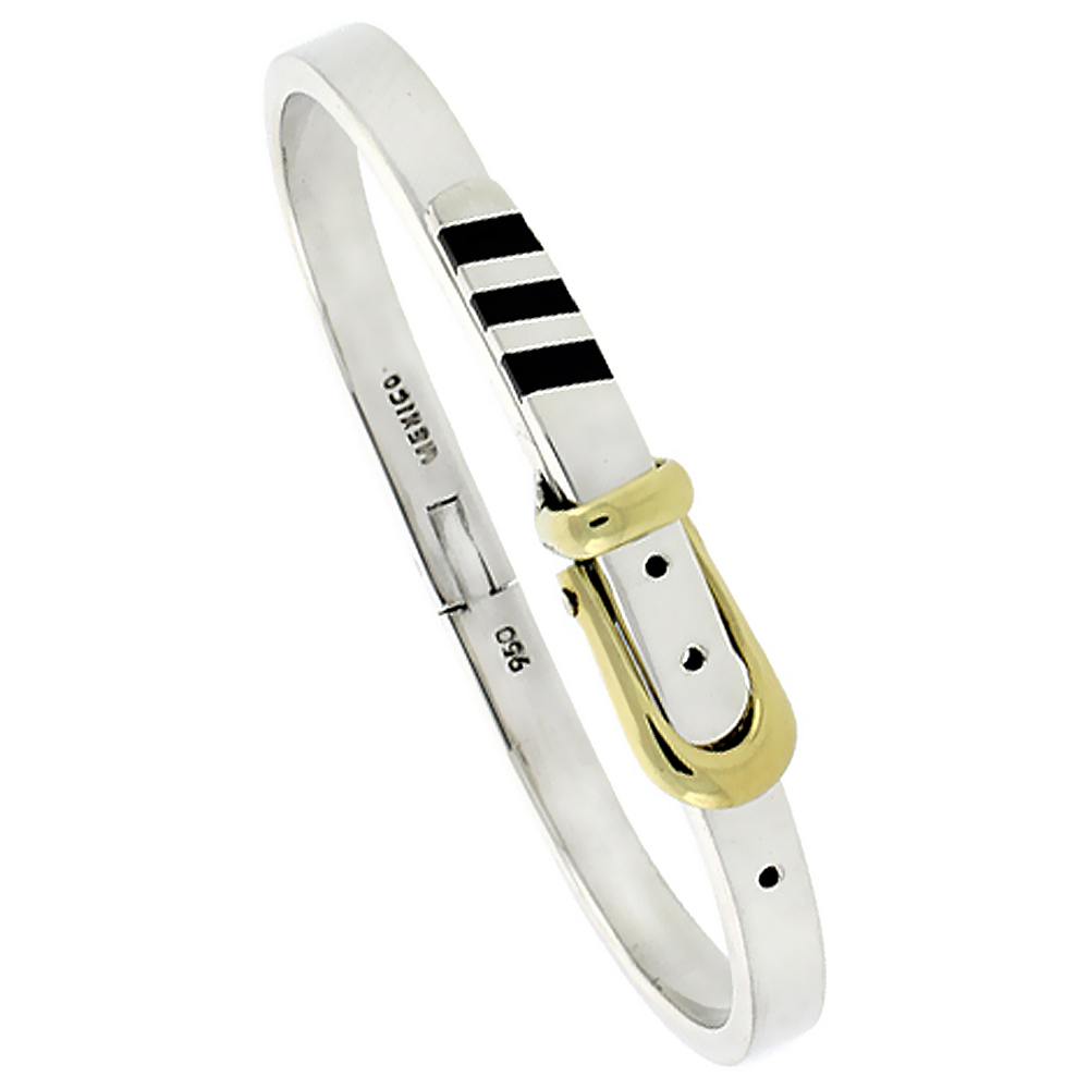 STERLING SILVER BLACK OBSIDIAN INLAY BELT BANGLE BRACELET HANDMADE W/ BRASS BUCKLE, 3/8 INCH WIDE,