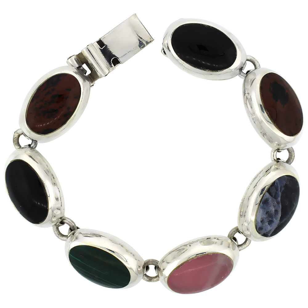 STERLING SILVER MULTI COLOR STONE OVAL LINK BRACELET 9/16 INCH WIDE, 7 INCH