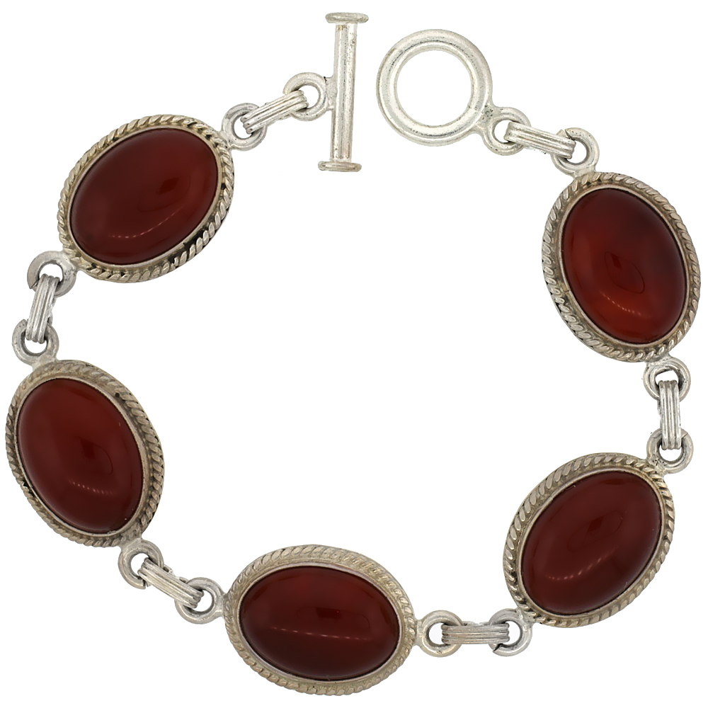 STERLING SILVER OVAL CARNELIAN STONE LINK BRACELET TOGGLE CLASP, 11/16 INCH WIDE, 7.5 INCH