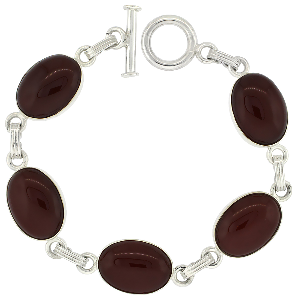 Sterling Silver Natural Carnelian Stone Jet Resin Inlay Link Bracelet