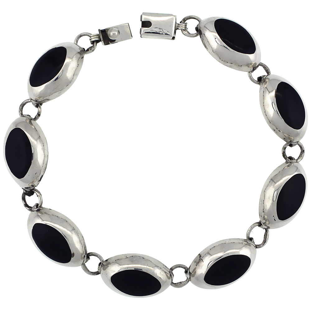STERLING SILVER OVAL BLACK OBSIDIAN STONE LINK 7 BRACELET 1/2 INCH WIDE,