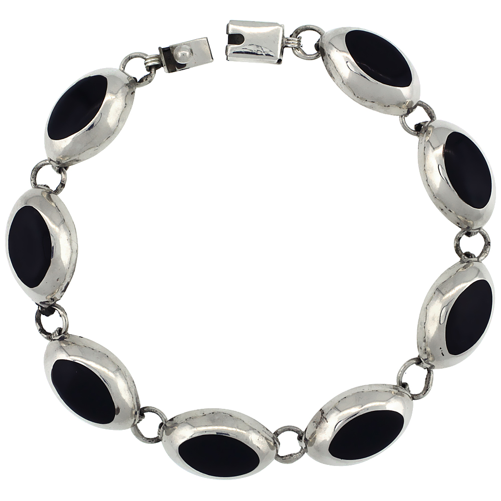 Sterling Silver Oval Black Obsidian Stone Link 7 Bracelet 1/2 inch wide,