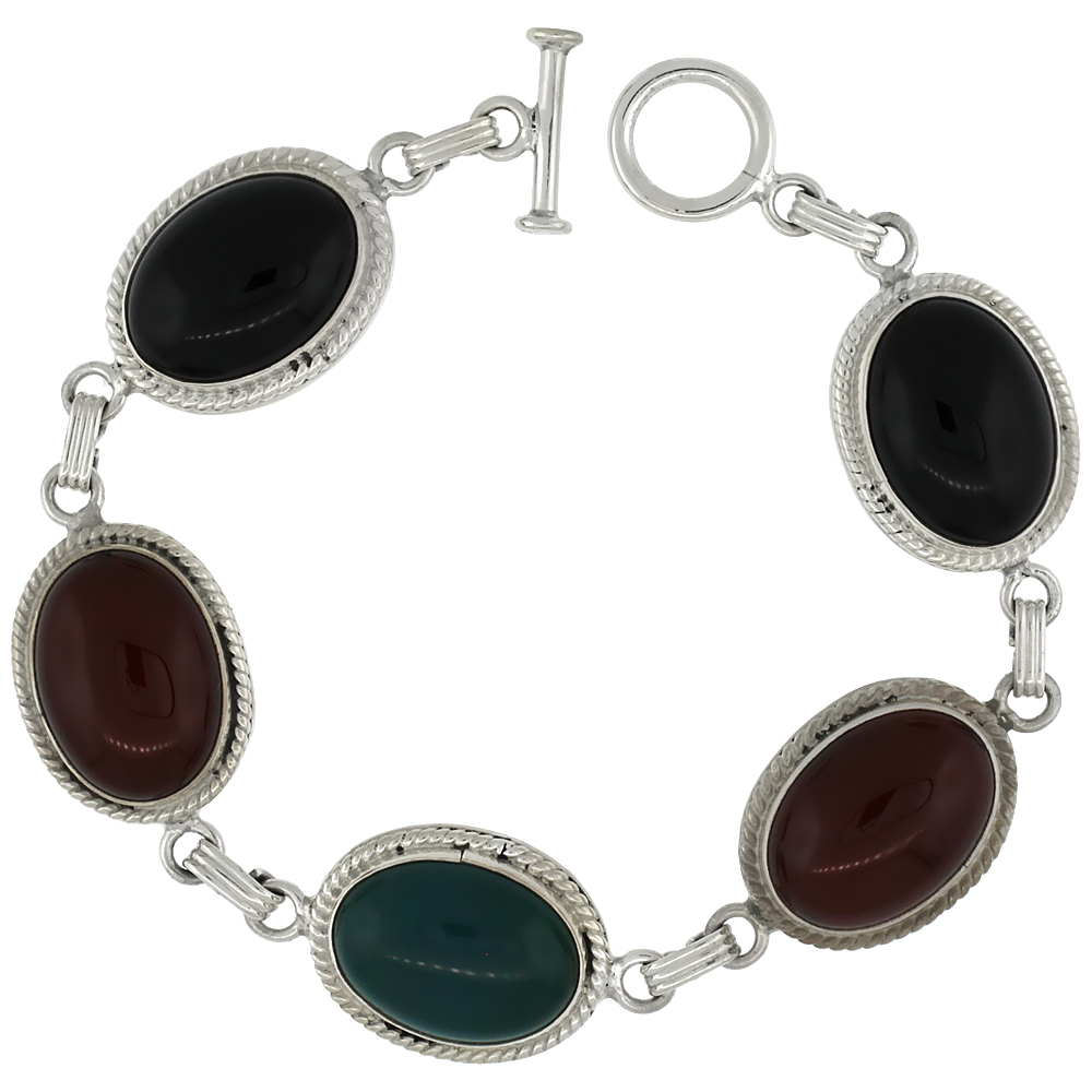 STERLING SILVER MULTI COLOR STONE OVAL LINK 7.5 BRACELET W/ TOGGLE TYPE LOCK, 11/16 INCH WIDE,