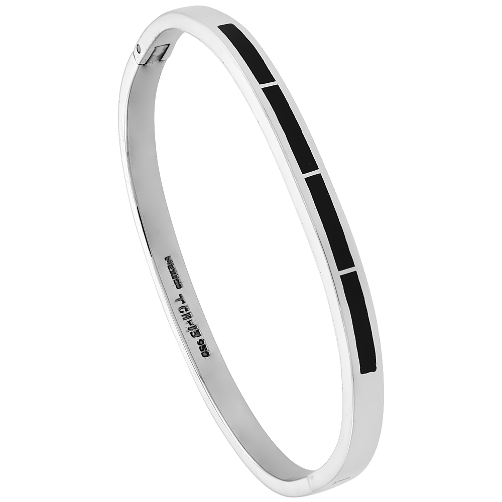 STERLING SILVER BANGLE BRACELET W/ BLACK ONYX BAR INLAY, 3/16 INCH WIDE,