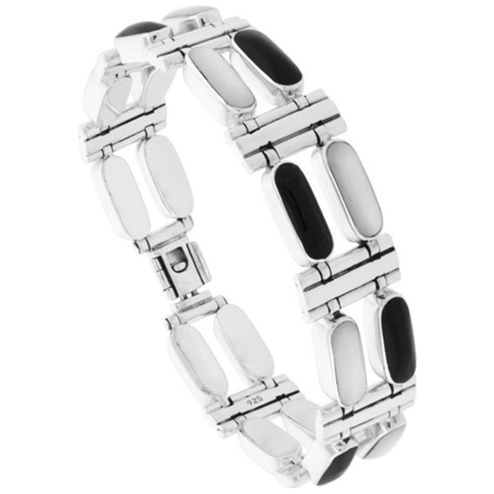 STERLING SILVER RECTANGULAR BAR BRACELET DOUBLE ROW ALTERNATING BLACK RESIN & MOTHER OF PEARL STONES, FOLD OVER CLASP, 7 1/4 INCH LONG