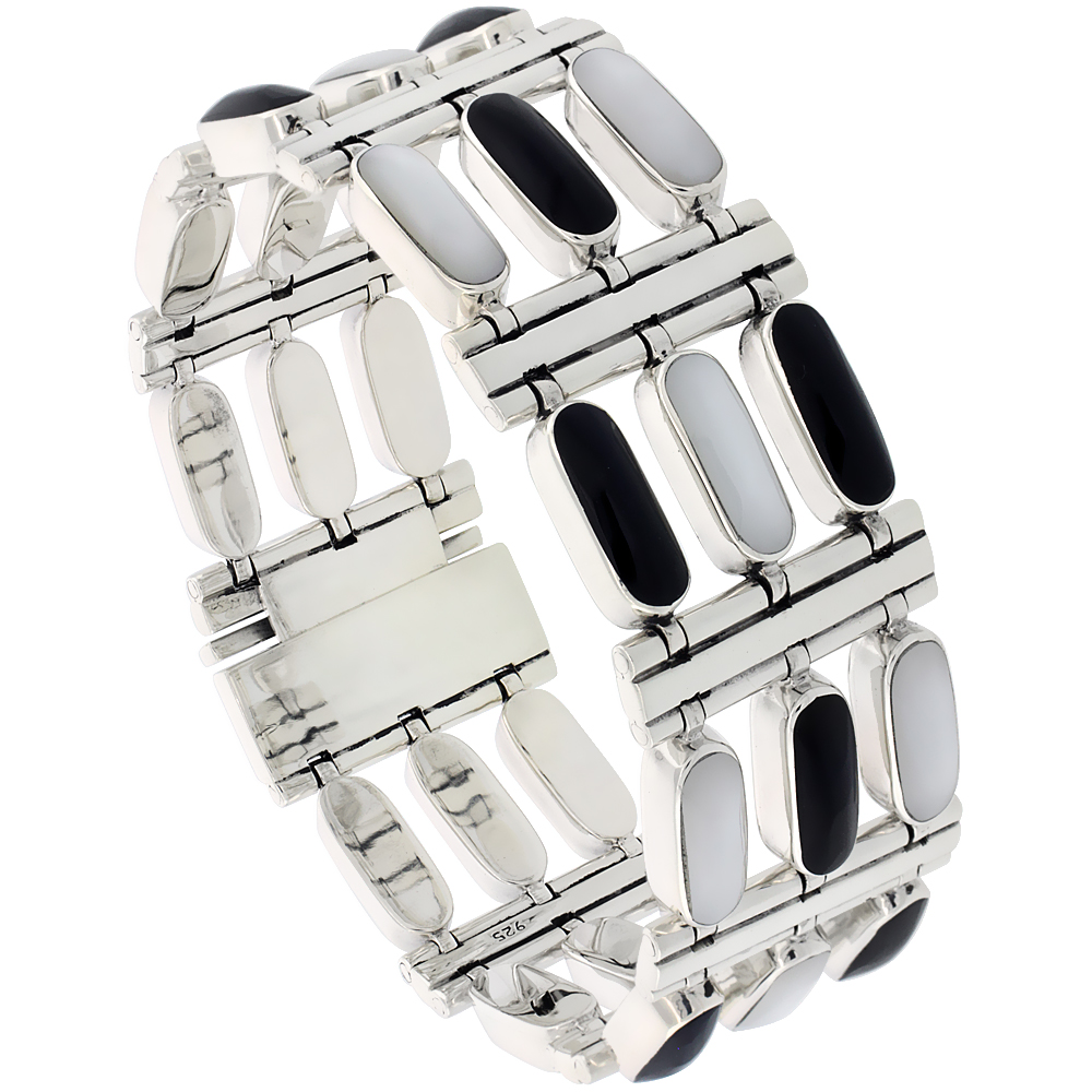 STERLING SILVER RECTANGULAR BAR BRACELET THREE ROW ALTERNATING BLACK RESIN AND MOTHER OF PEARL STONES, BOX WITH TONGUE CLASP, 7 1/2 INCH