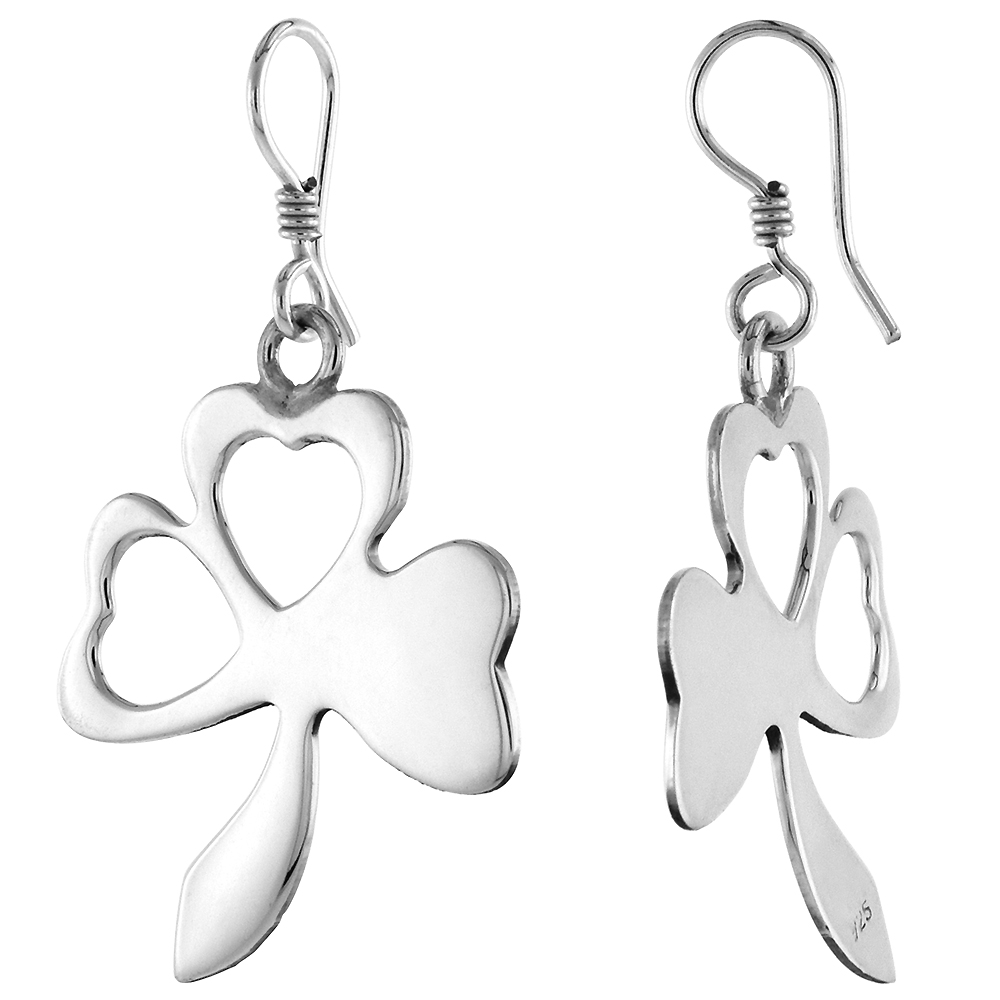 Sterling Silver Shamrock Dangle Earrings, 1 7/8 inch long