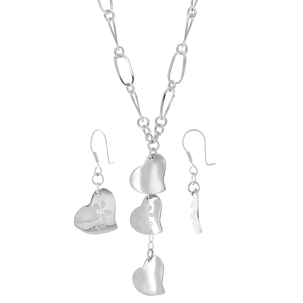 Sterling Silver Embossed Hearts Toggle Necklace and Earring Set
