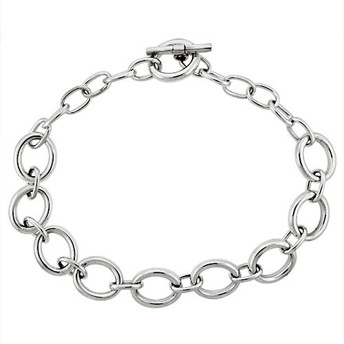 Sterling Silver Alternating Big and Small Oval Links Hollow Toggle Necklace, 20 inches long