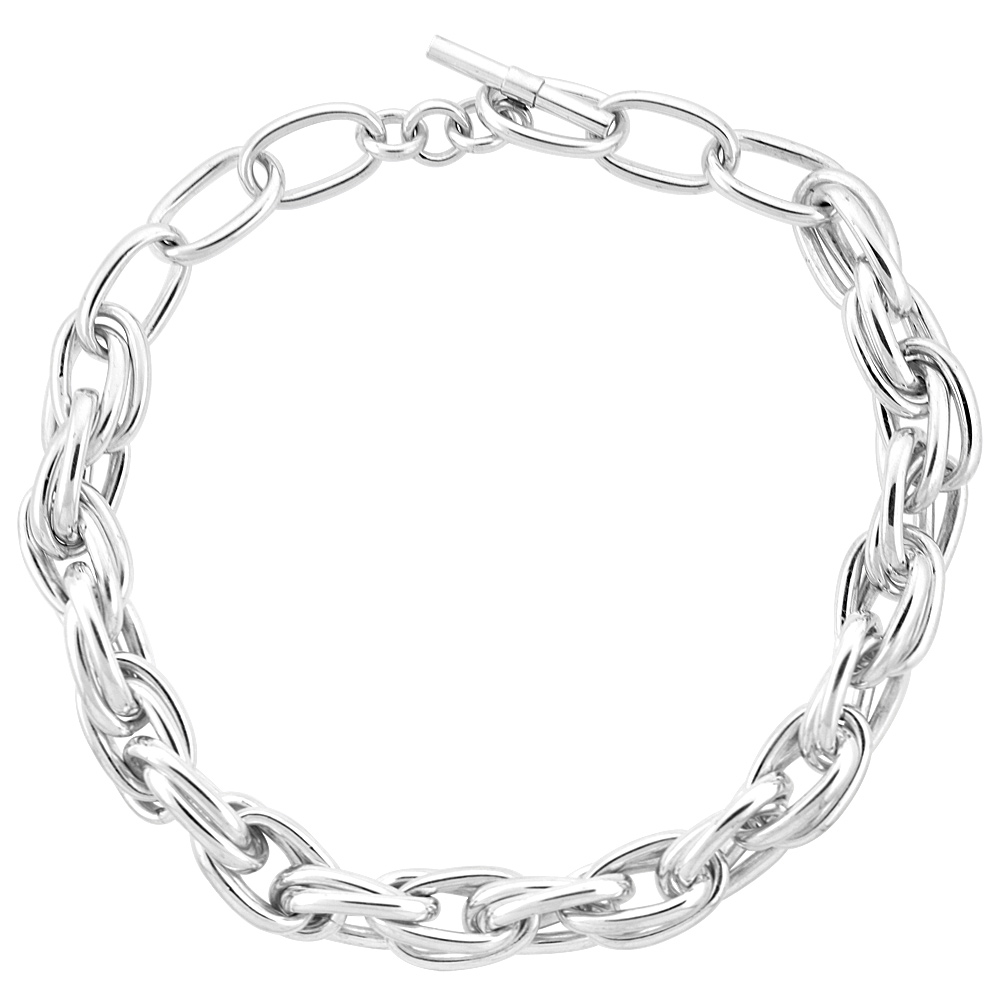 Sterling Silver Double Oval Link Hollow Toggle Necklace, 20 inches long
