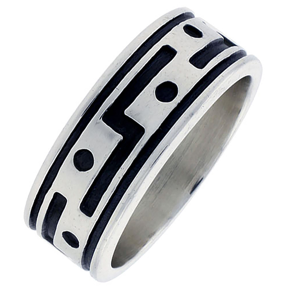 STERLING SILVER NATIVE AMERICAN PATTERN RING FOR MEN SOUTHWESTERN DESIGN HANDMADE 5/16 INCH WIDE SIZES 6-13