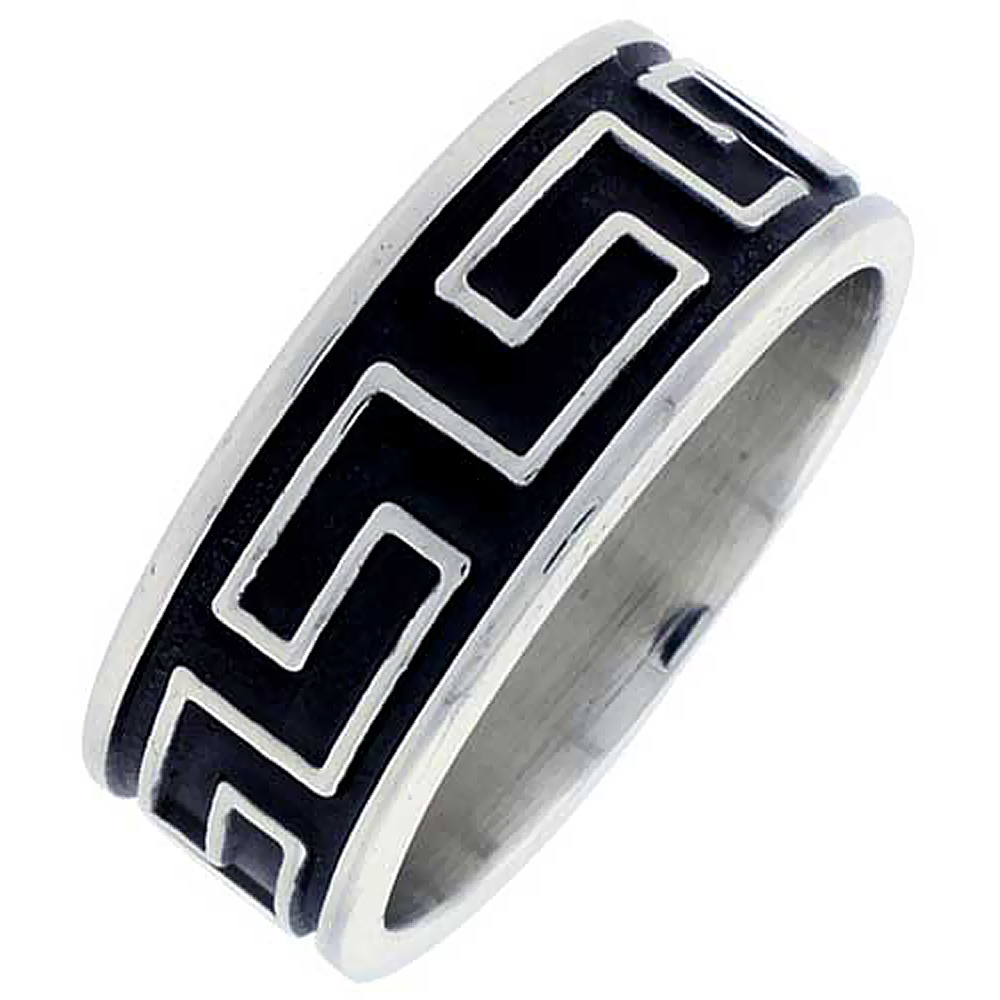 STERLING SILVER GREEK KEY RING FOR MEN SOUTHWESTERN DESIGN HANDMADE 5/16 INCH WIDE SIZES 8-13