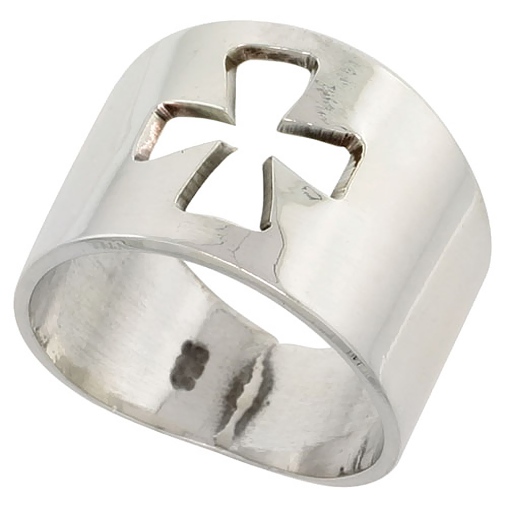 Sterling Silver Cigar Band Cross Ring Women Men Cut Out Handmade 5/8 inch wide