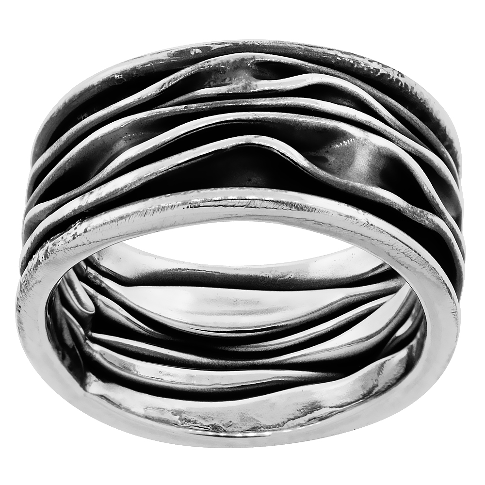 STERLING SILVER 12MM CRINKLED RING FOR MEN & WOMEN HANDMADE ANTIQUED FINISH 1/2 INCH WIDE