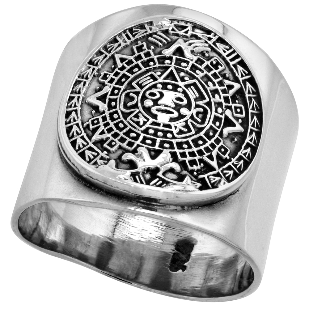 STERLING SILVER AZTEC CALENDAR RING CIGAR BAND HANDMADE 3/4 INCH WIDE