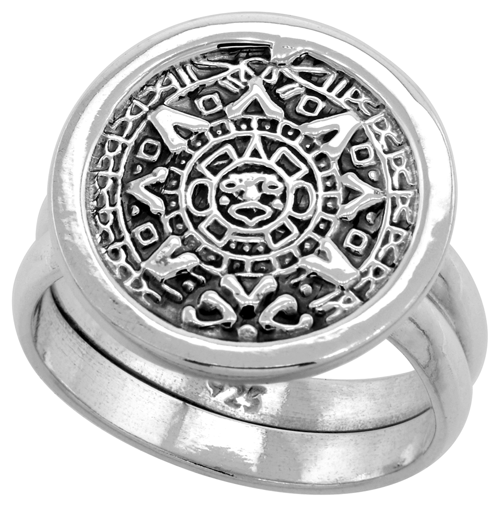 STERLING SILVER DISK AZTEC CALENDAR RING HANDMADE DOUBLE SHANK 5/8 INCH WIDE