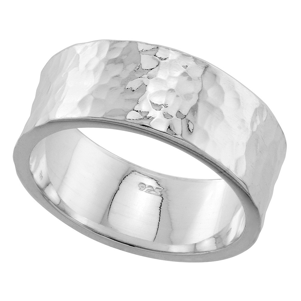 STERLING SILVER 8 MM HAMMERED WEDDING BAND RING FLAT TOP HANDMADE 5/16 INCH WIDE