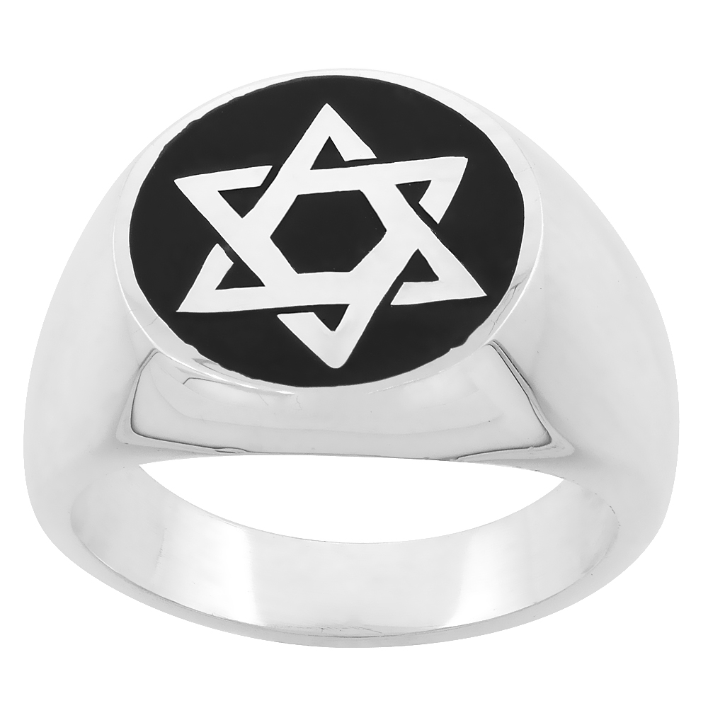 STERLING SILVER STAR OF DAVID RING FOR MEN & WOMEN HANDMADE BLACK ENAMEL 3/4 INCH WIDE SIZES 6 - 14