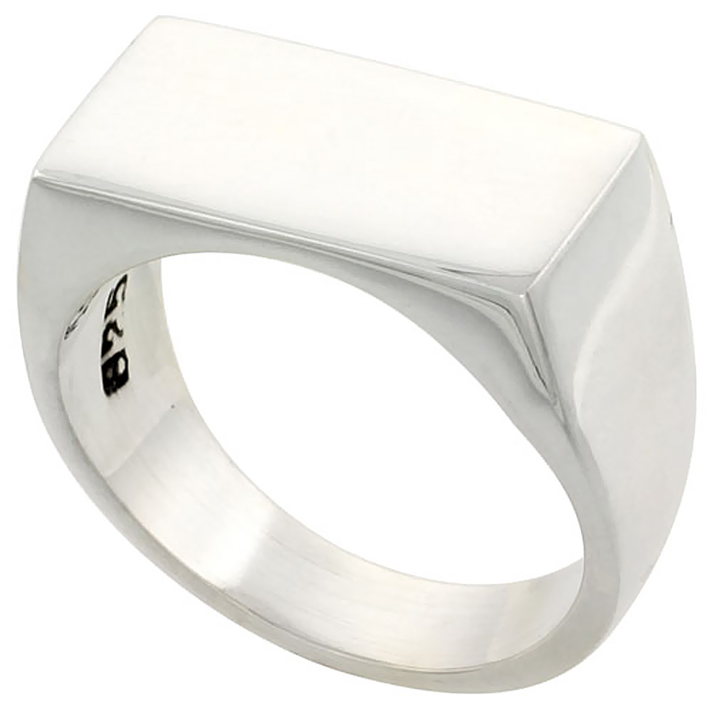 STERLING SILVER RECTANGULAR SIGNET RING FOR MEN SOLID BACK HANDMADE 7/16 INCH SIZES 9 - 13