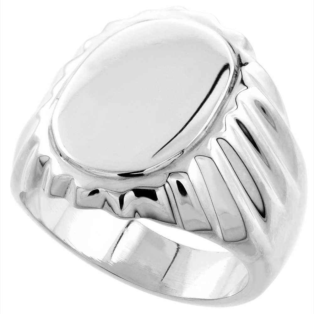 STERLING SILVER LARGE OVAL STEPPED SIGNET RING FOR MEN GROOVED SIDES SOLID BACK HANDMADE 3/4 INCH SIZES 9 - 13