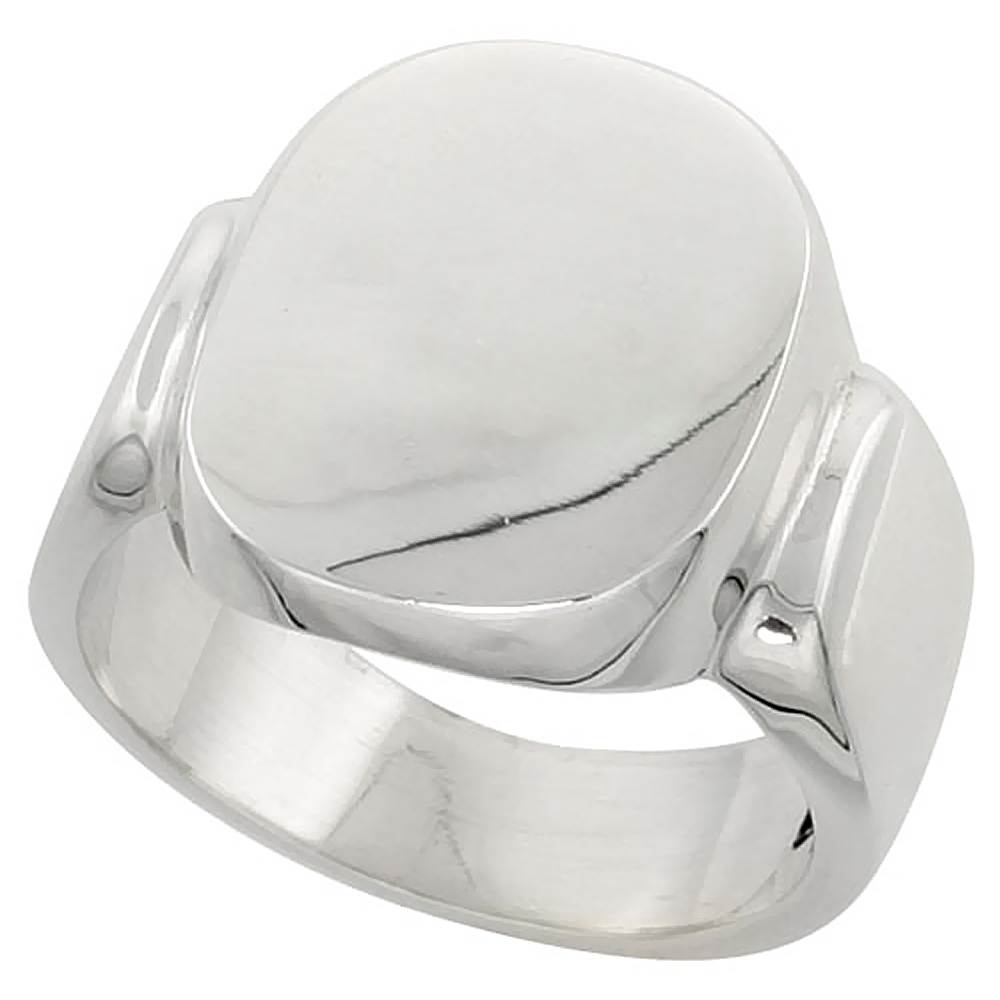 STERLING SILVER LARGE OVAL SIGNET RING FOR MEN STEPPED SHANK SOLID BACK HANDMADE 7/16 INCH SIZES 9 - 13