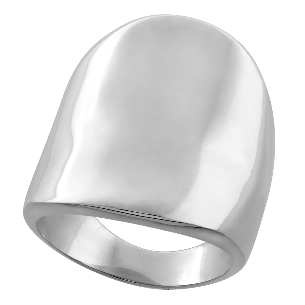 STERLING SILVER LONG CIGAR BAND RING FOR WOMEN CONCAVE SOLID BACK HANDMADE POLISHED FINISH 1 1/8 INCH LONG SIZES 5-13