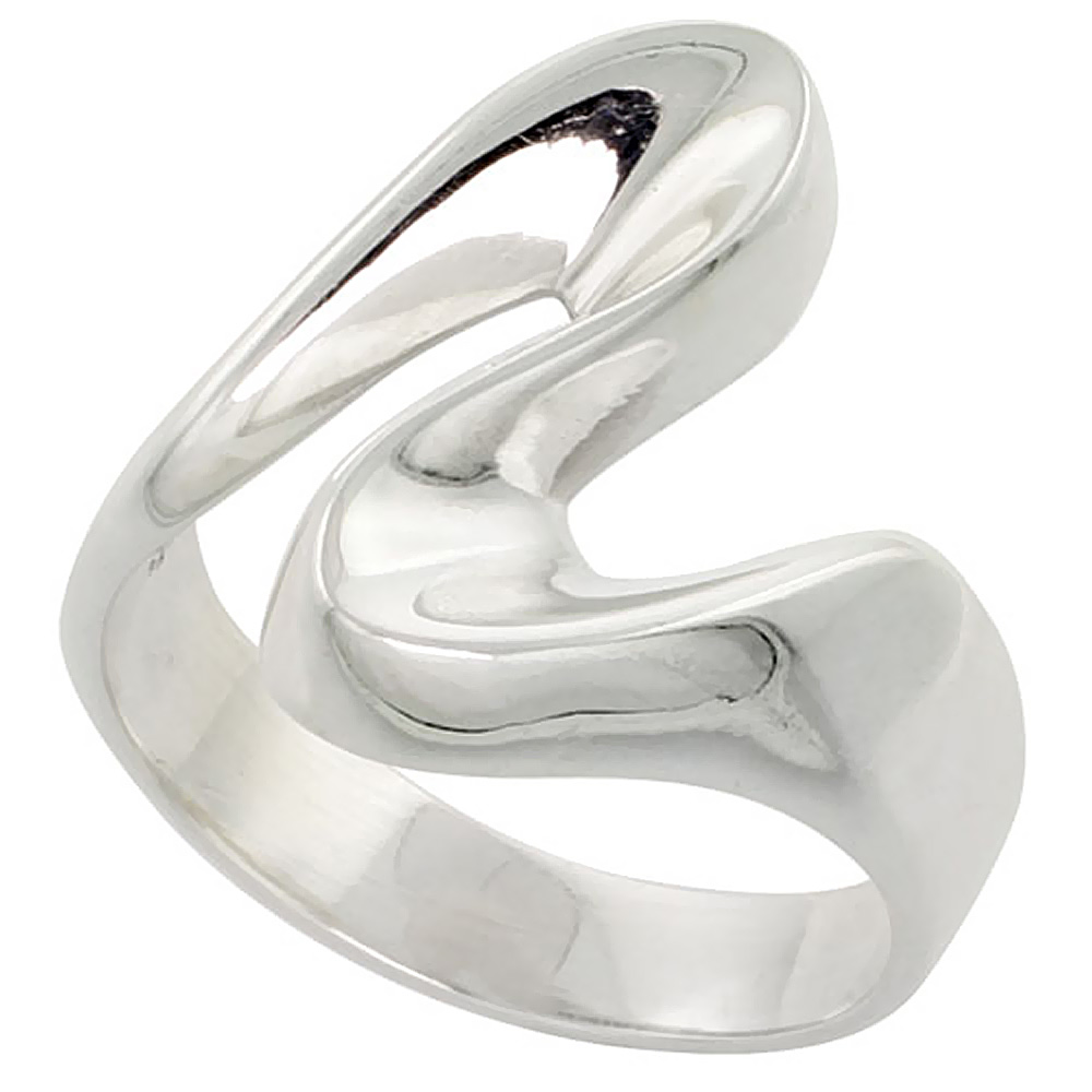 STERLING SILVER WAVE RING HIGH POLISH HANDMADE 3/4 INCH LONG