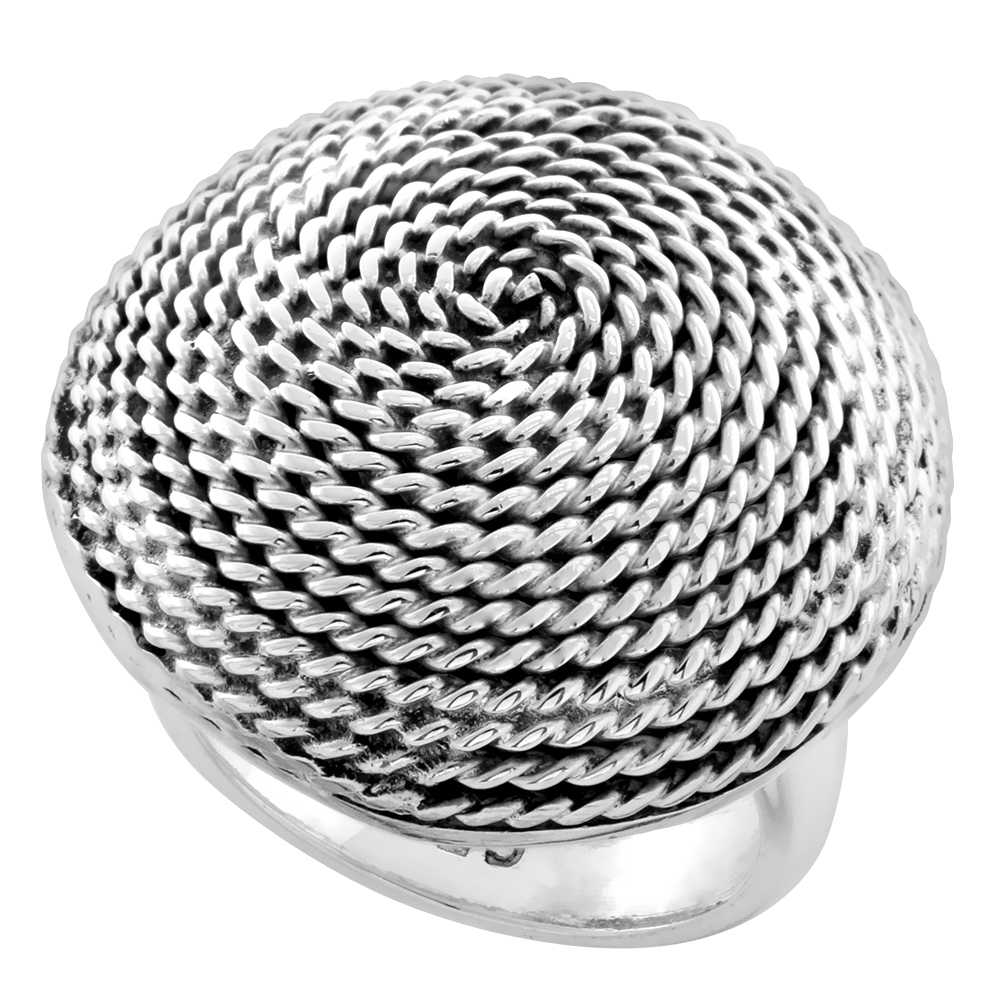STERLING SILVER LARGE DOMED FLEMISH COIL SHIP ROPE RING FOR WOMEN HANDMADE 1 INCH