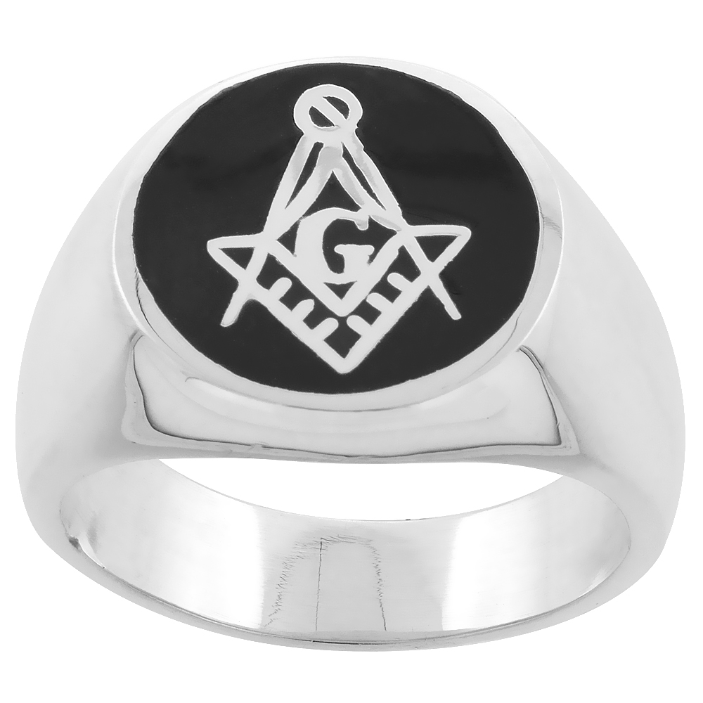 Sterling Silver Masonic Square and Compass Ring Black Resin Inlay 16mm wide, sizes 8 - 13