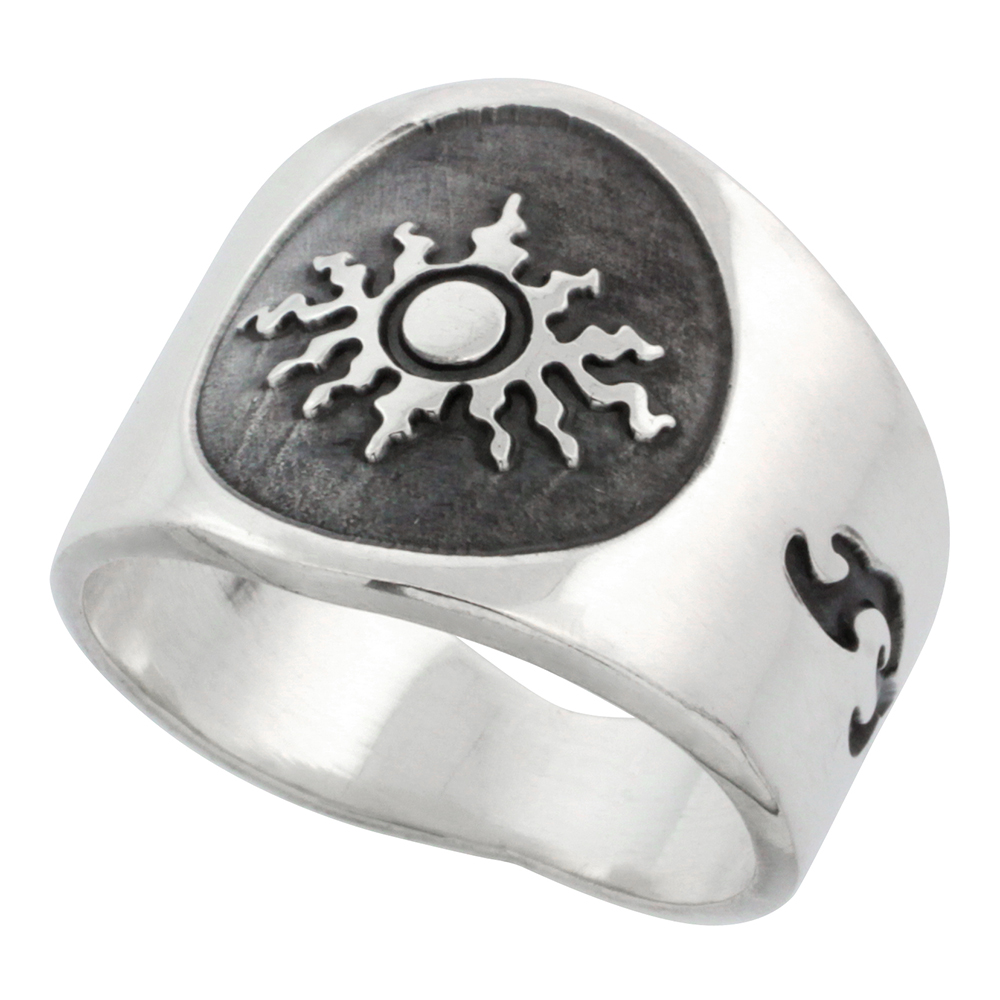 STERLING SILVER SUN RING FOR MEN WITH FLAMES SIDES 17MM WIDE SIZES 8 - 13