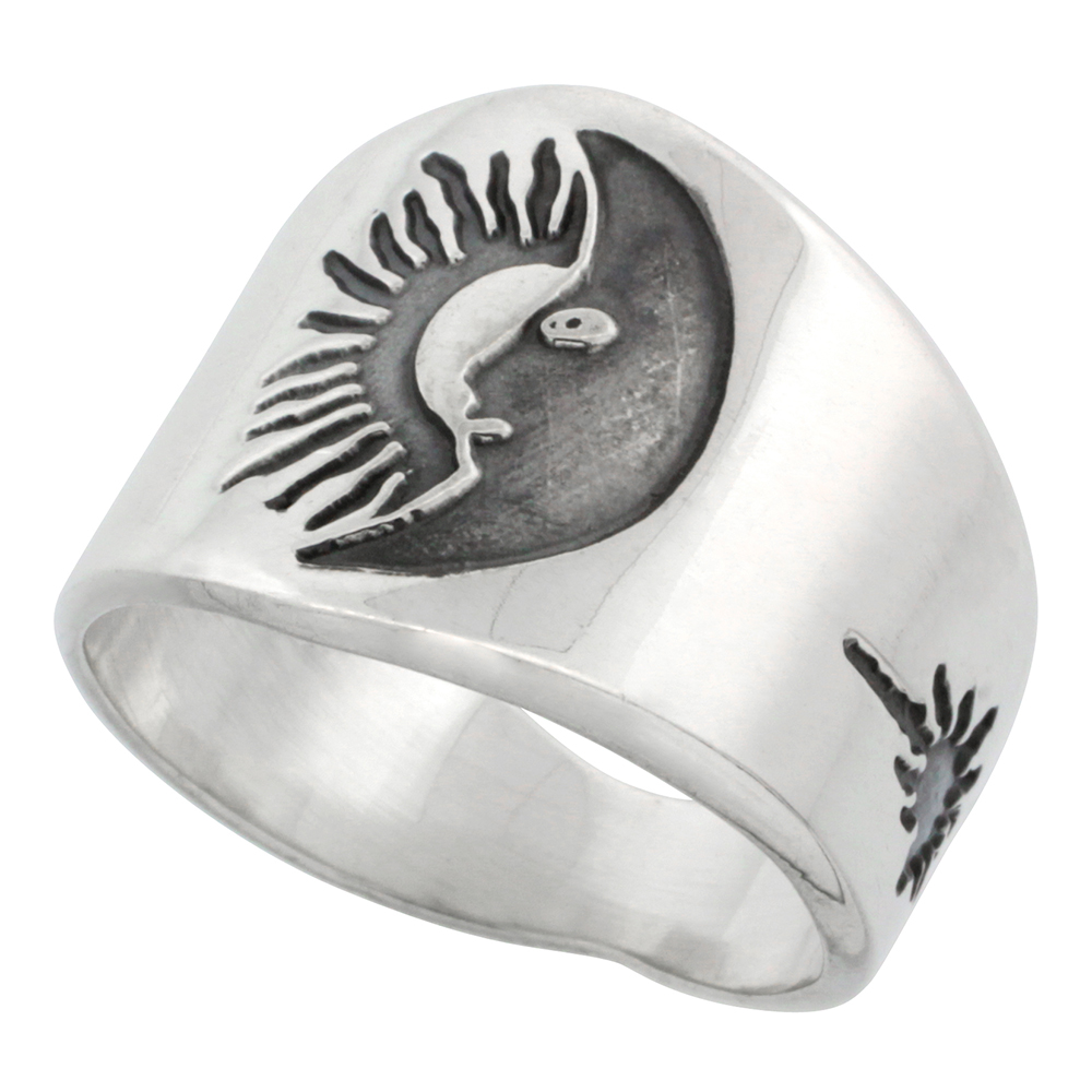 STERLING SILVER SUN & MOON RING FOR MEN WITH SUNBURST DESIGN SIDES 17MM WIDE SIZES 8 - 13