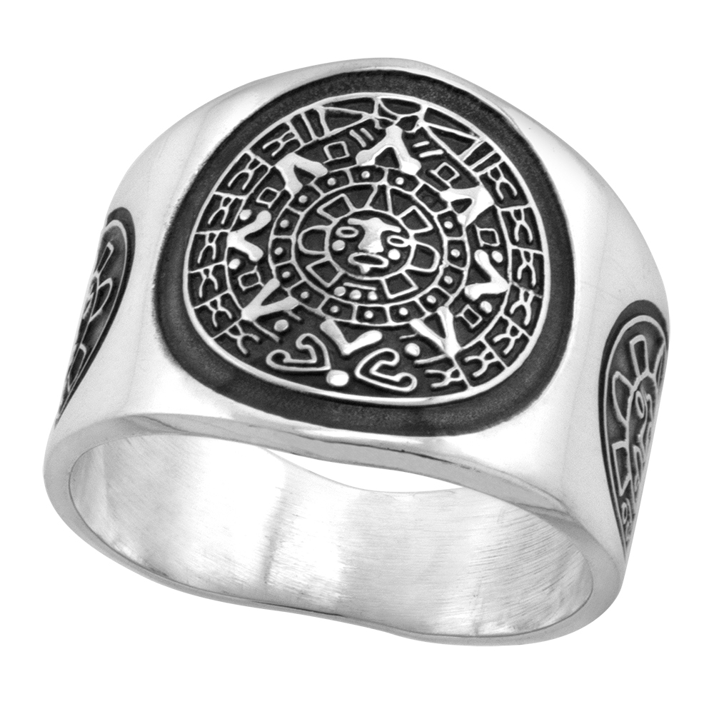 STERLING SILVER AZTEC CALENDAR RING FOR MEN MAYAN SUN SIDES 18MM WIDE SIZES 8 - 13