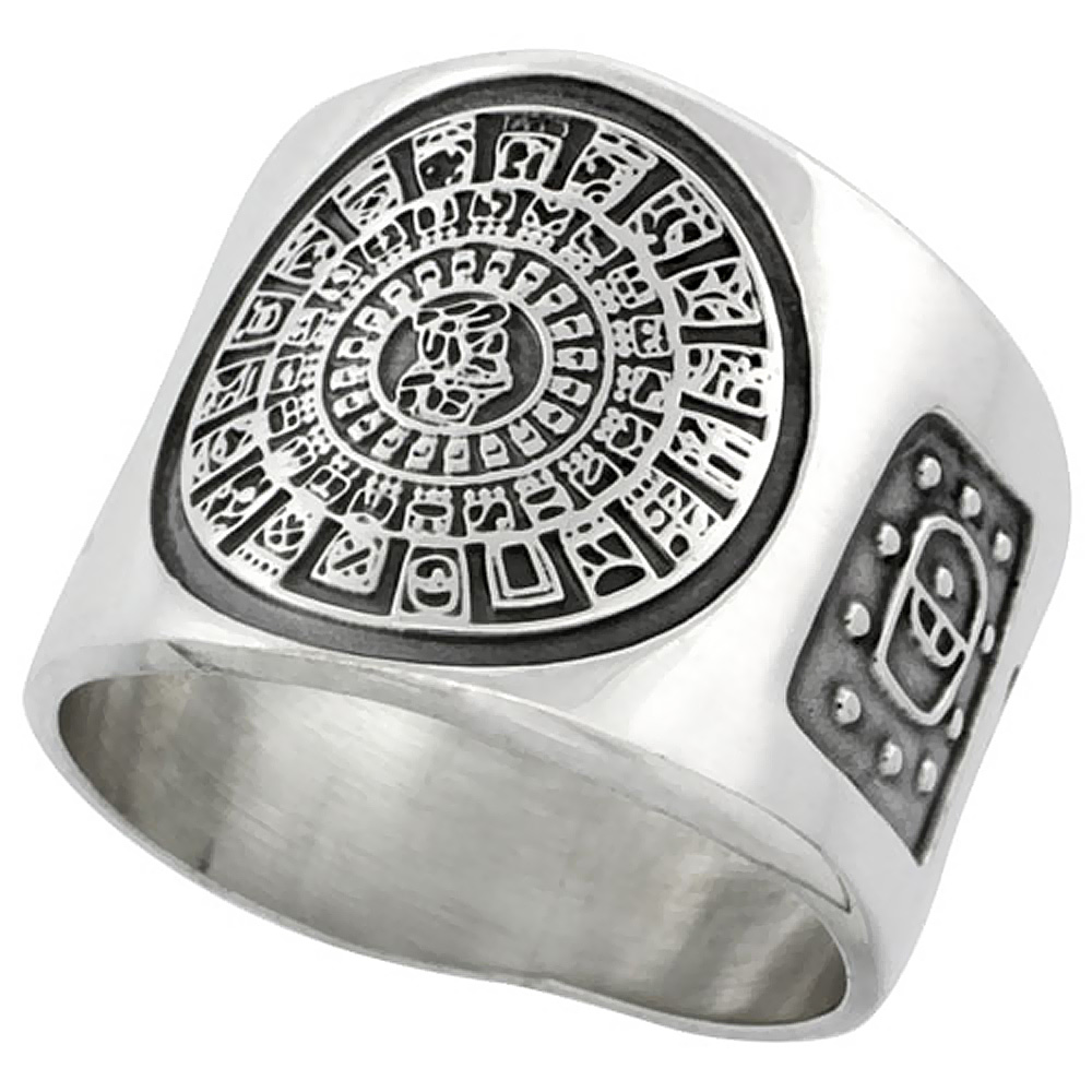 STERLING SILVER AZTEC CALENDAR RING FOR MEN IMIX INSCRIPTION SIDES 18MM WIDE SIZES 8 - 13