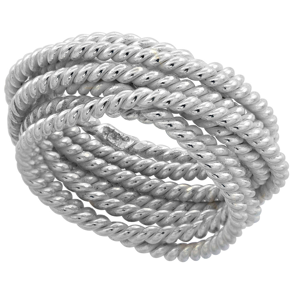 STERLING SILVER WRAPPED ROPE WIRE RING FOR WOMEN HANDMADE 7/16 INCH WIDE SIZES 6 - 10