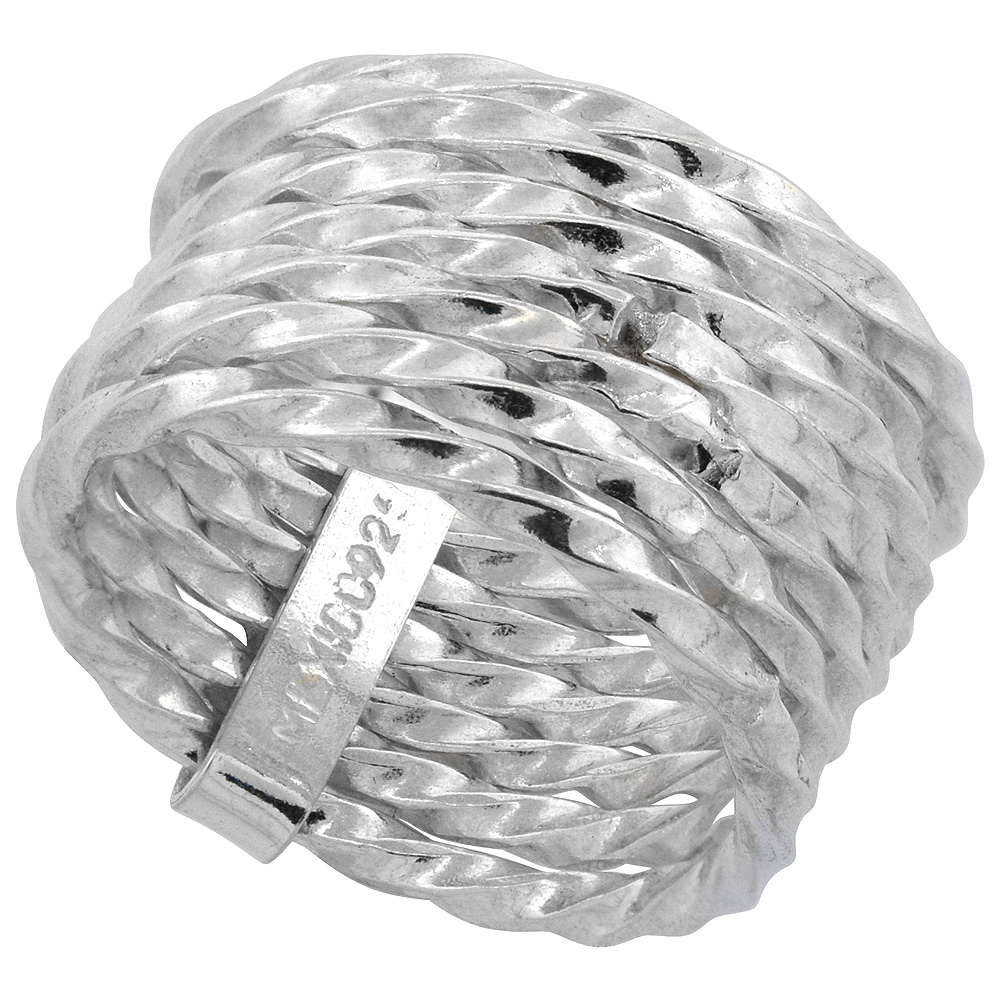 STERLING SILVER 7 DAY RING FOR WOMEN TWISTED WIRE HANDMADE 1/2 INCH WIDE SIZES 6 - 10