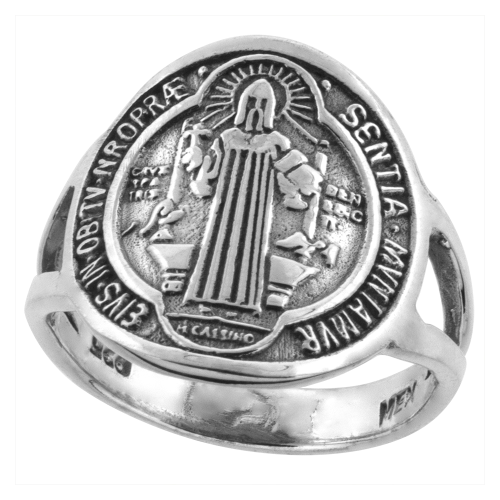 STERLING SILVER SAINT BENEDICT RING FOR WOMEN 11/16 INCH WIDE SIZES 5 - 10