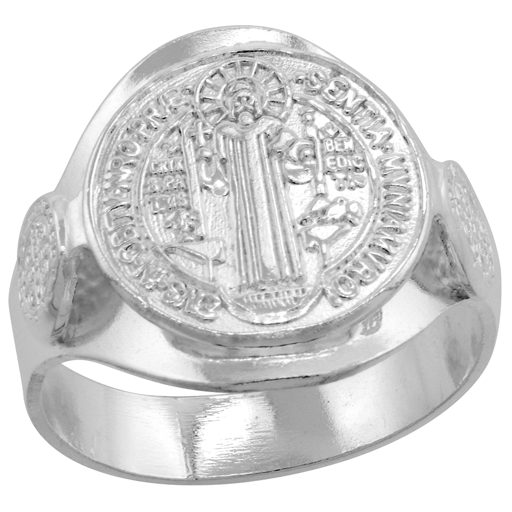 5/8 inch Round Sterling Silver Signet St Benedict Ring for Women sizes 5 - 10