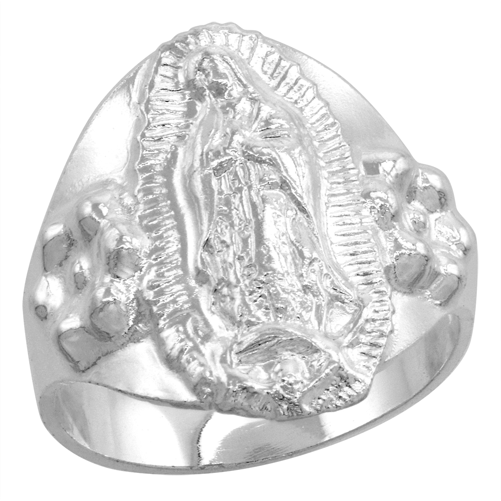 STERLING SILVER CIGAR BAND VIRGEN DE GUADALUPE RING FOR WOMEN 11/16 INCH WIDE SIZES 5 - 10