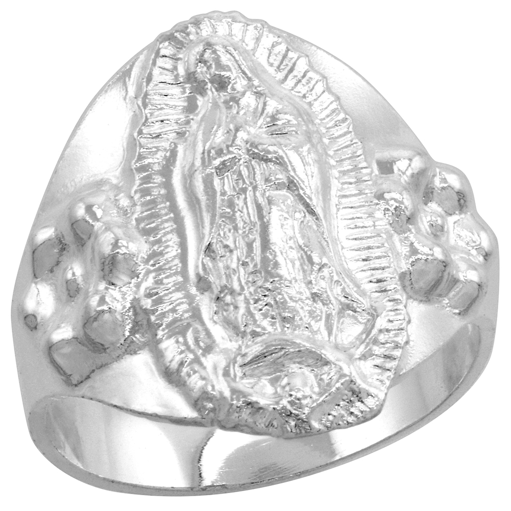 Sterling Silver Cigar Band Virgen de Guadalupe Ring for Women 11/16 inch wide sizes 5 - 10